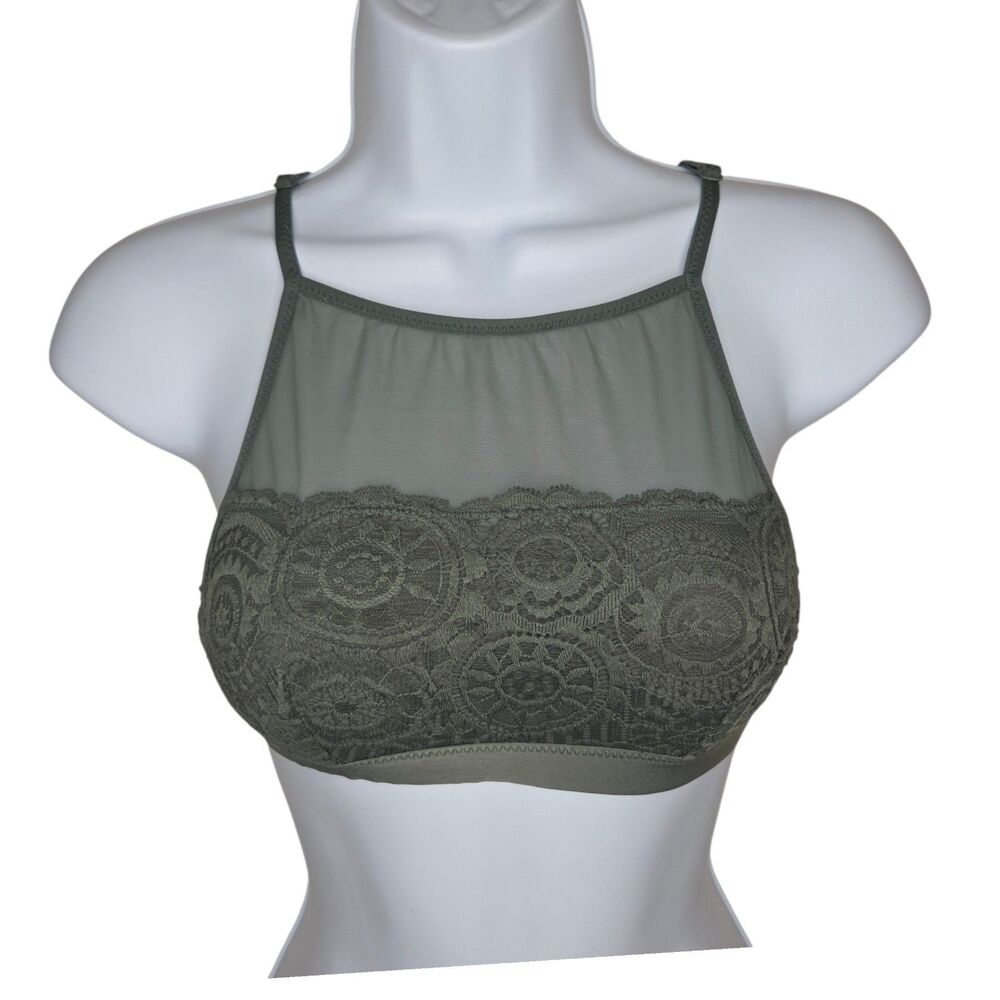 Aerie Olive Green High Neck Lace & Mesh Bralette - Size S (EUC)